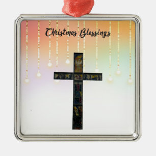 Carré Argenté Ornement religieux de Noël avec croix et lumières