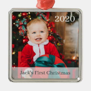 Carré Argenté Premier ornement photo personnalisé de Noël pour b