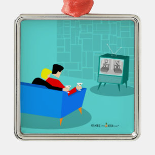 Carré Argenté Retro Gay Couple regarder TV Ornement en céramiqu
