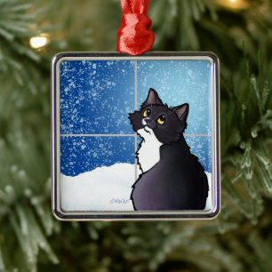 Carré Argenté Tuxedo Cat Fenêtre Ornement en céramique