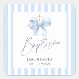 Carré Baptême Bleu du garçon Faveur Sticker avec Bow