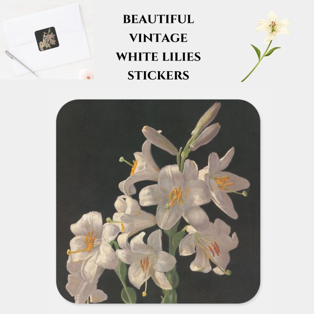 Carré Beau Sticker Vintage Lys Pâques Blanches (Beautiful stickers for cards or crafts, at Easter or yearround.)