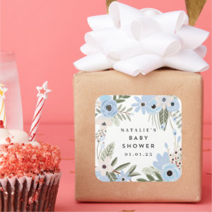 Carré Bébé Garçon Bleu Floral Grand Baby shower Sticker