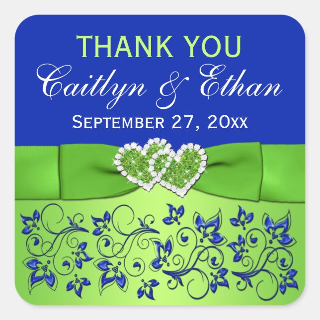 Carré Bleu, Flore verte, Coeurs Mariage Favor Sticker (Devant)