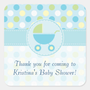 Carré Bleu Pram et Sticker Baby shower Pois