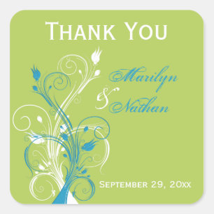 Carré Bleu Vert Blanc Floral 1,5" Sticker Favor de maria