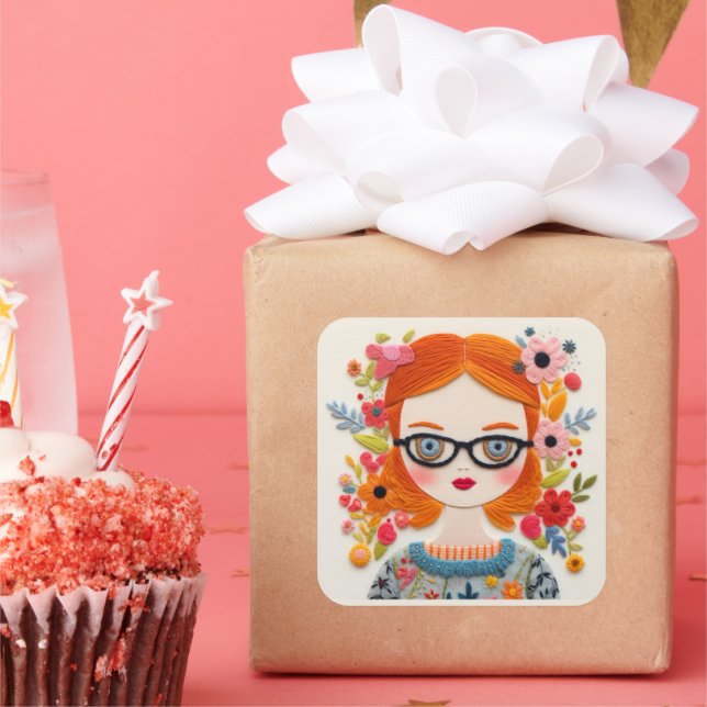 Carré Blocs. Sticker Nerd pour fille rousse (Fête)