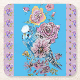 Carré Blue Budgie Aquarelle Lilac Dessous de verre de pa