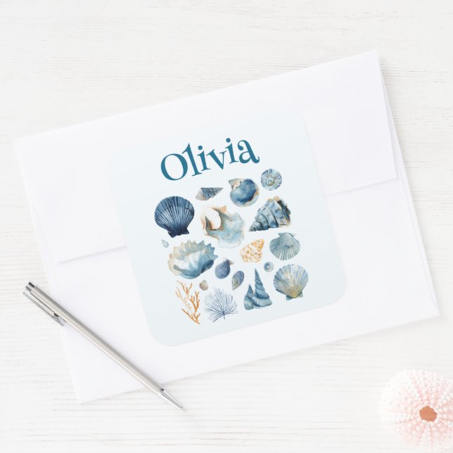 Carré Blue Seashell Sticker | Custom Name (Enveloppe)