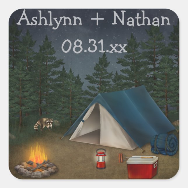Carré Camping rustique "Glamping" Mariage Favor Sticker (Devant)