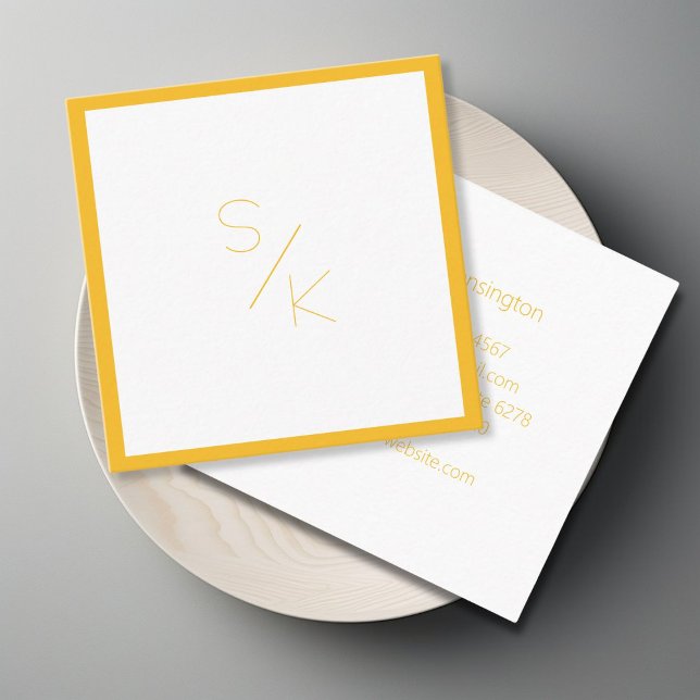 Carré Carte de visite blanc jaune pur moderne (Modern Pur Yellow White Monogram Business Card)