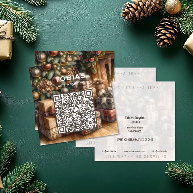 Carré Carte de visite du code QR des fêtes de Noël (Christmas Holiday QR Code Square Business Cards (front and back))