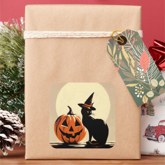 Carré Chat de cuisine noire Halloween et Sticker Citroui (vacances)