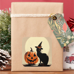 Carré Chat de cuisine noire Halloween et Sticker Citroui
