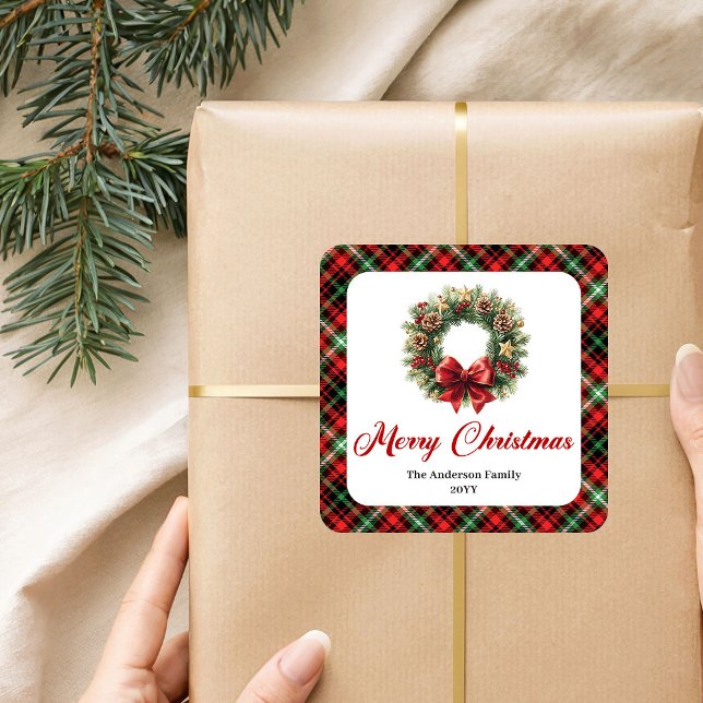 Carré Classic Pine Wreath Holiday Sticker Custom Name (Classic Pine Wreath Holiday Sticker with Custom Name)
