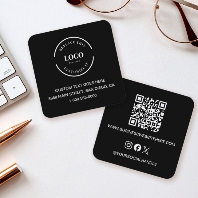 Carré Code QR Carte de visite Black Custom Logo Moderne (Sleek black square business cards with logo, contact info, text, QR code, website social media icons)