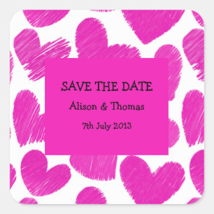 Carré Coeurs rose et blanc Sticker 'Save the date'