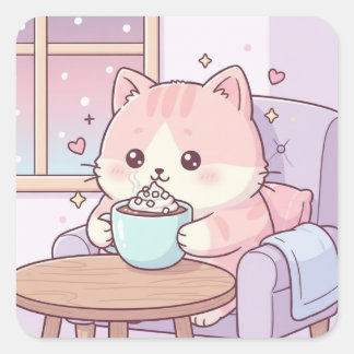 Carré Cozy Cat Sticker – Cute Kawaii Pastel