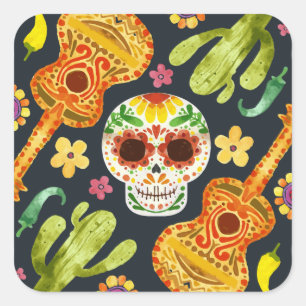 Carré Crâne à sucre et guitares Dia de Muertos Sticker