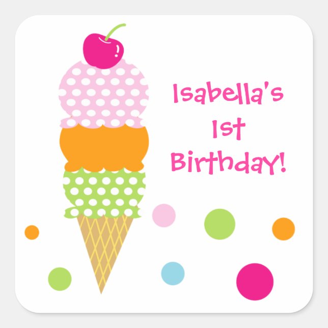 Carré Crème de glace Anniversaire Fête Favoriser Sticker (Devant)