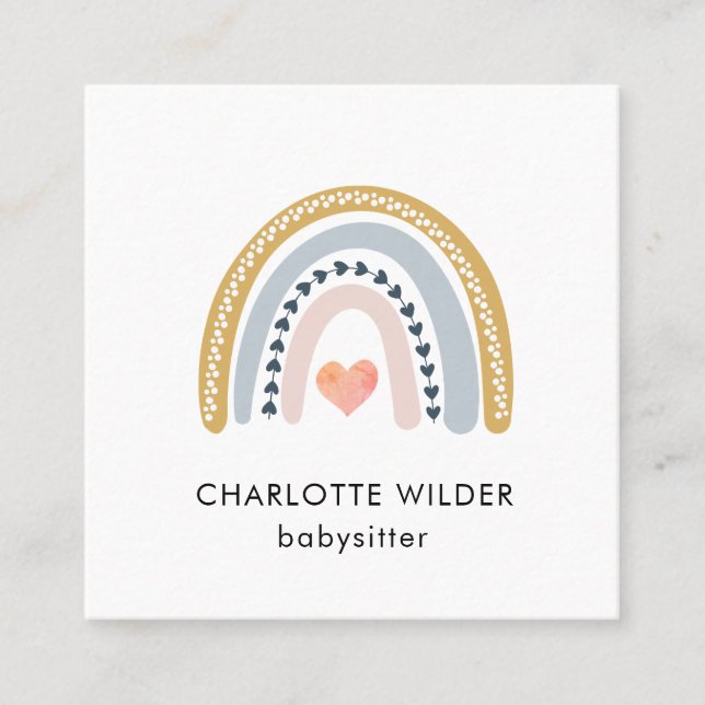 Carré Cute Boho Rainbow Babysitter Carte de visite (Devant)