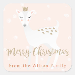 Carré Cute Deer   Sticker de Noël personnalisé rose
