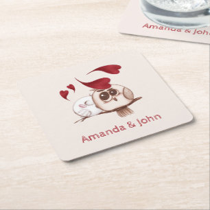 Carré Cute Owls Couple Names Dessous de verre papier per