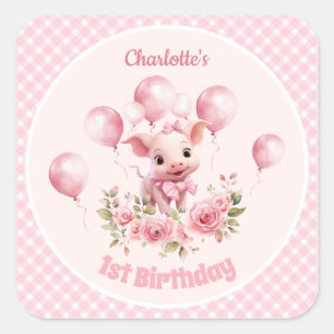 Carré Cute Piggy Rose Farm Girl 1er Anniversaire Sticker