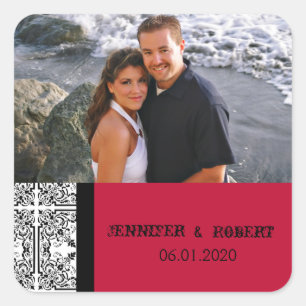 Carré Damask Delight Scarlet Red Wedding Favor Sticker