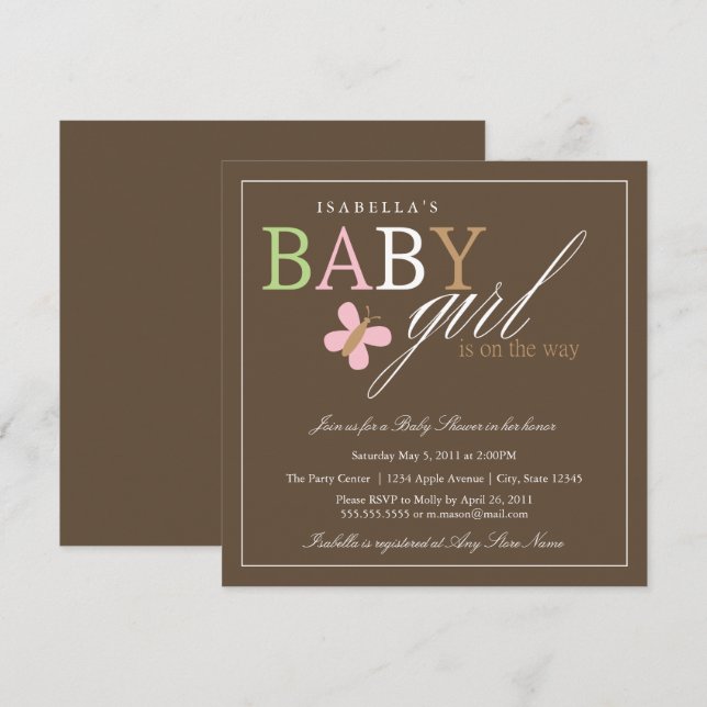 Carré de la petite fille| Invitation Baby shower (Devant / Derrière)