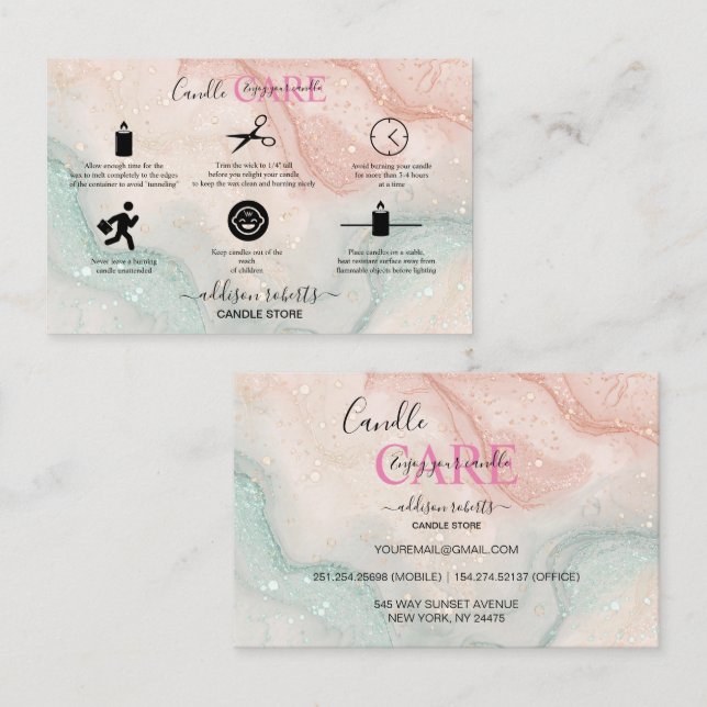 Carré de soins aux bougies rose esthétique Carte d (Devant / Derrière)