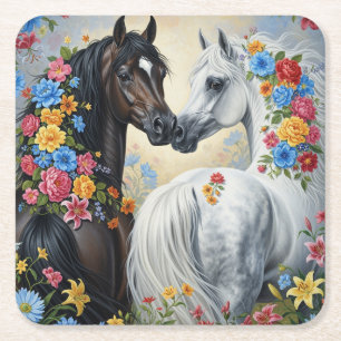 Carré Dessous de verre avec des chevaux encadrés de fleu
