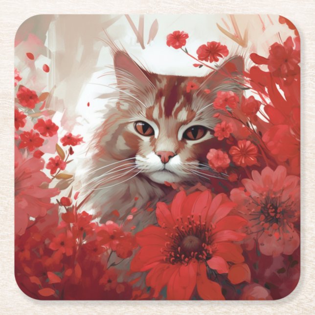 Carré Dessous de verre chat fleur (Devant)