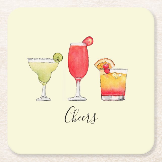 Carré Dessous de verre en papier d'aquarelle Cocktail (Devant)