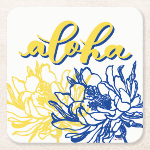 Carré Dessous de verre Fleurs de Cereus Bleu Jaune Aloha