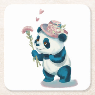 Carré Dessous de verre Panda aux fleurs