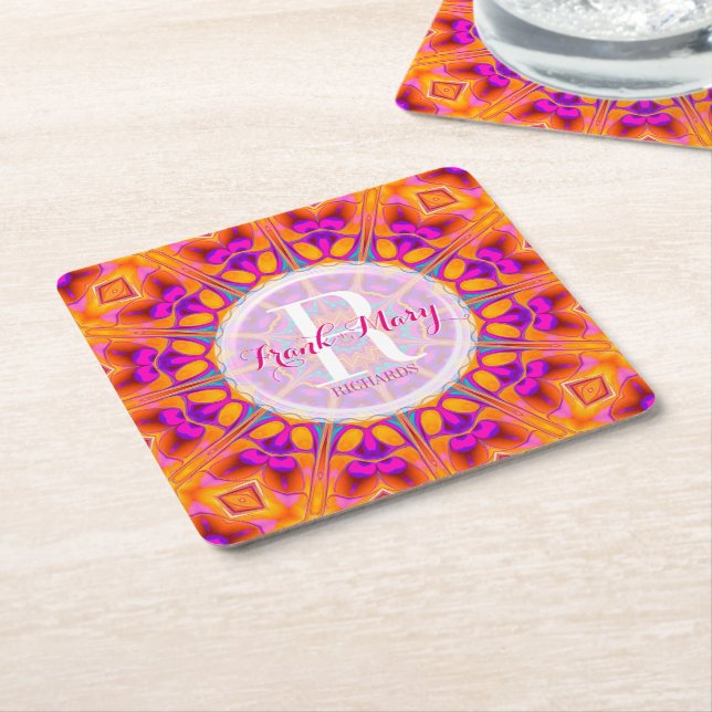 Carré Dessous de verre Papier Fuchsia Rose Orange (Incliné)