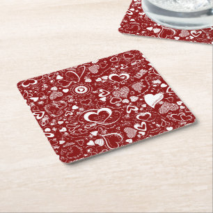 Carré Doodles d'amour du coeur Dessous de verre Red-Whit