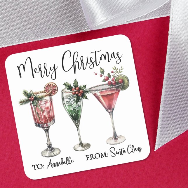 Carré Festive Christmas Cocktail Gift Tag Sticker (Festive Christmas Cocktail Gift Tag Sticker)