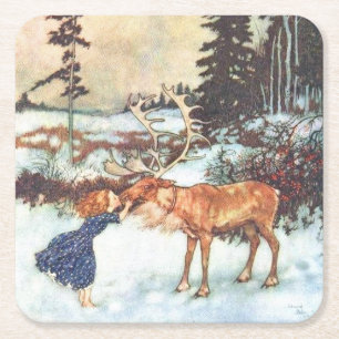 Carré "Fille dessous de verre de Noël embrassant renne"