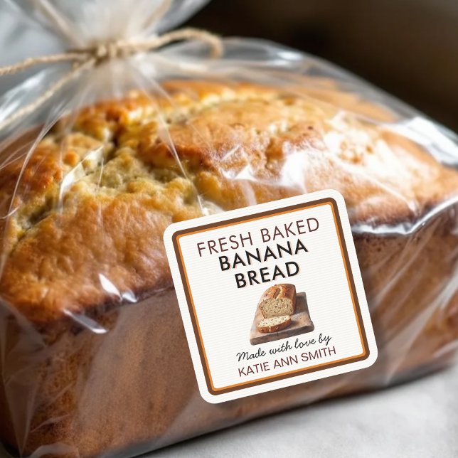 Carré Fresh Baked Banana Bread Square Label Sticker (Fresh baked homemade banana bread loaf label stickers for bakery packaging)