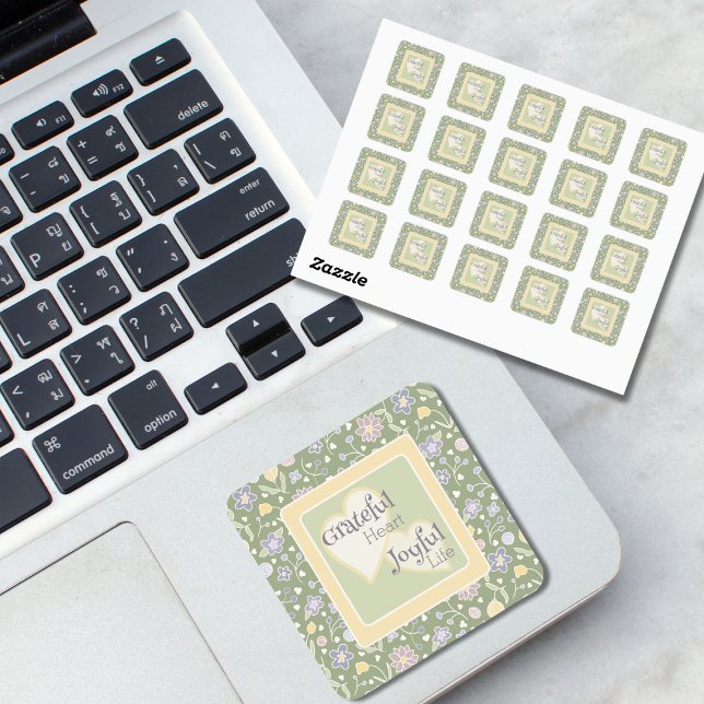Carré Grateful Heart Joyful Life Floral Sticker  (Grateful Heart Joyful Life Floral Sticker – Inspirational Cottagecore Design)