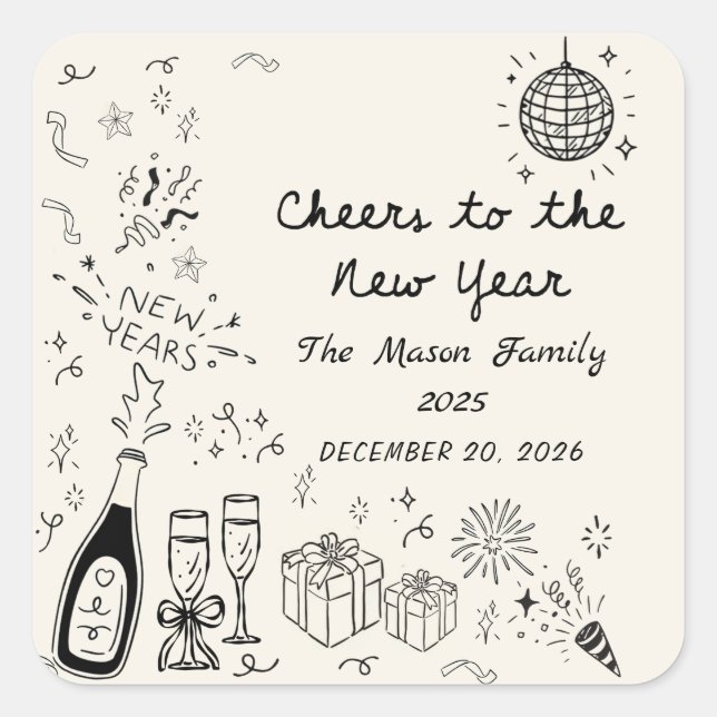 Carré Hand Drawn New Year's Eve Party Sticker (Devant)