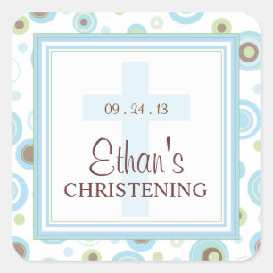 Carré Happy Blue Dots Cross Christening Baptism Sticker