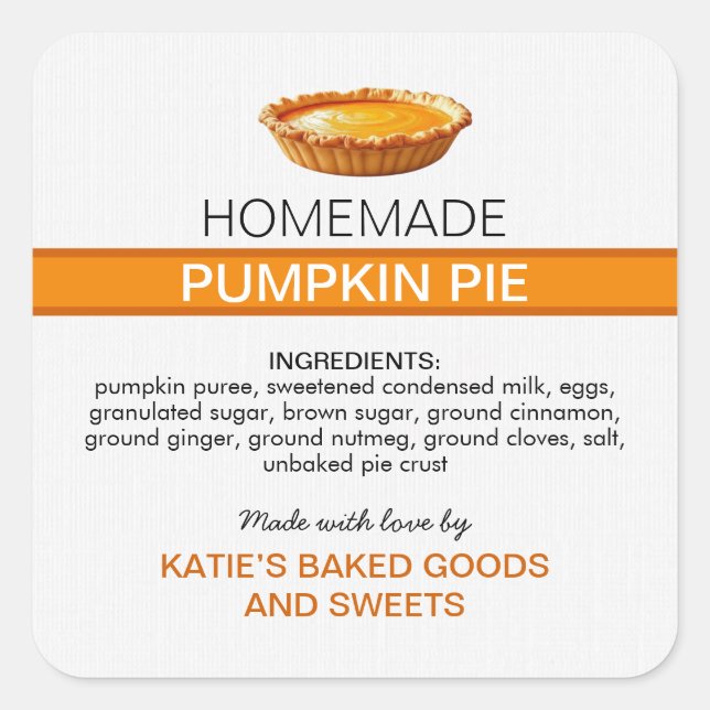 Carré Homemade Pumpkin Pie Label | Fall Baking Sticker (Devant)