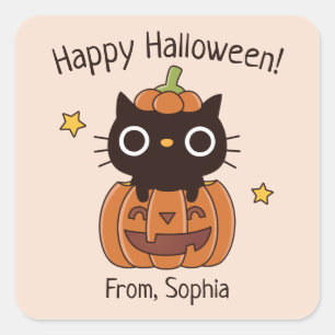 Carré Joli Chat noir Halloween en Sticker Citrouille