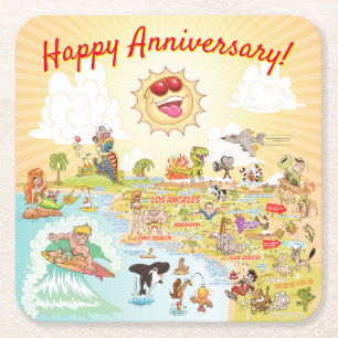 Carré Joyeux anniversaire Cartoon Dessous de verre Calif
