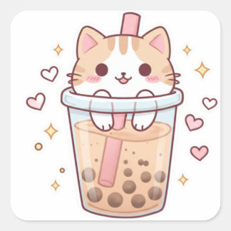 Carré Kawaii Cat in Boba Cup Sticker – So Cute!