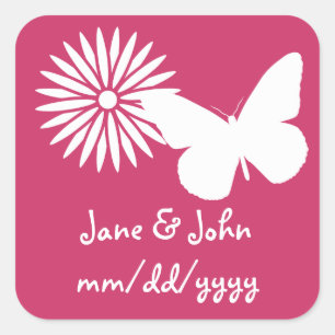 Carré Marguerites et papillons en Sticker framboise
