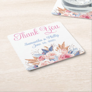 Carré Merci dessous de verre mariage en faveur rose bleu